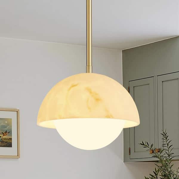 10 in. 1-Light Height Adjustable Antique Gold Kitchen Island Pendant Hanging Light Fixture With Opal Dome Glass Shade
