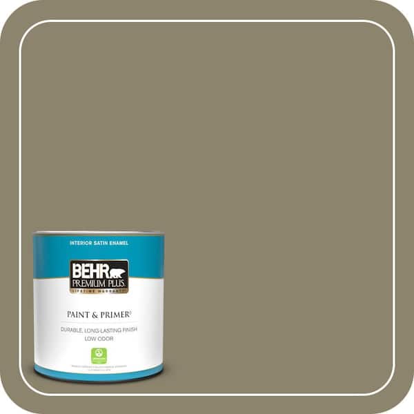 BEHR PREMIUM PLUS 1 qt. #ECC-55-3 Olive Sprig Satin Enamel Low Odor Interior Paint & Primer