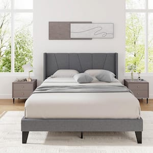 Gray Wood Frame Queen Size Platform Bed w/Elastic Pockets Mattress Foundation