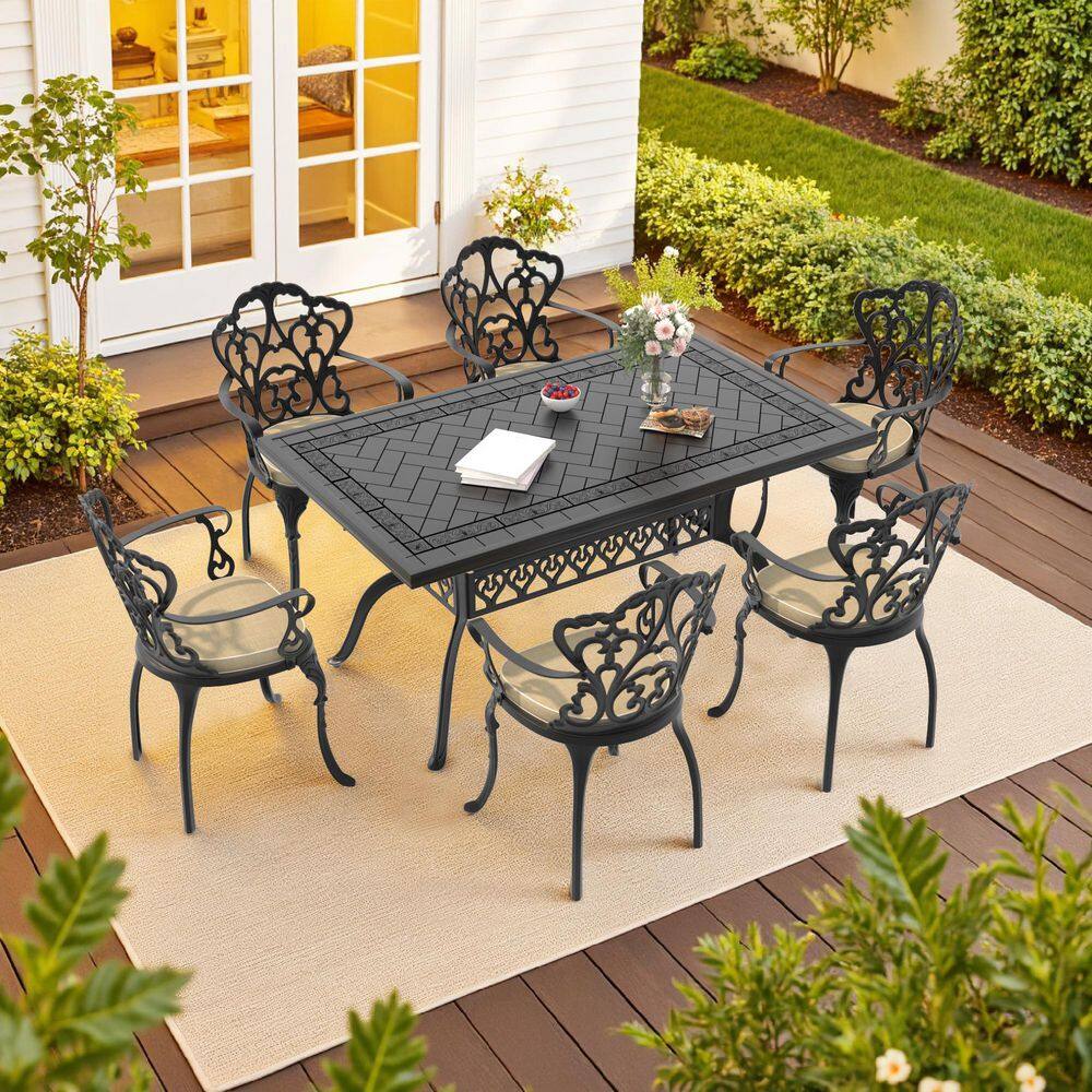 Lily Black 7-Piece Cast Aluminum Outdoor Dining Set with Rectangle Table and Dining Chairs with Off-white Cushion price history on PriceWatchPro