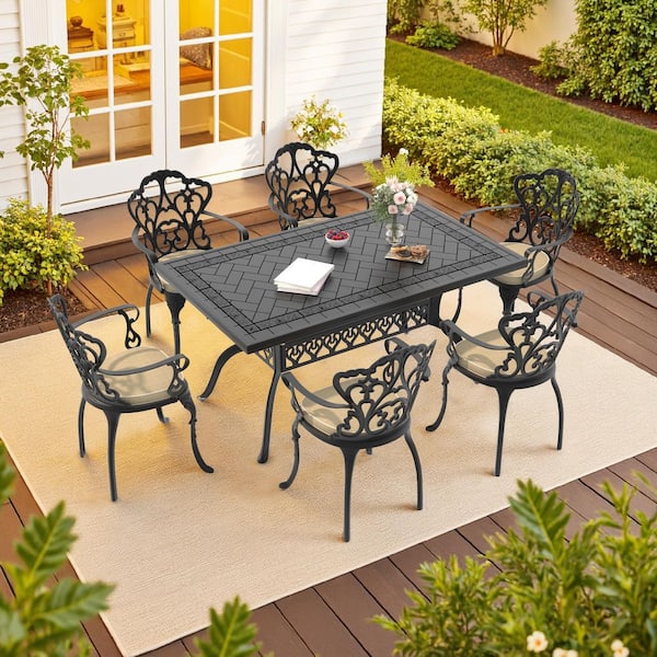 Willit Lily Black 7-Piece Cast Aluminum Outdoor Dining Set with Rectangle Table and Dining Chairs with Off-white Cushion