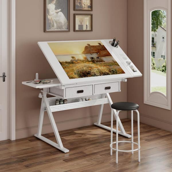 Brentonis 54.33 in. Rectangle White Wood and Metal 2-Drawers Drafting Table Writing Desk with Stool