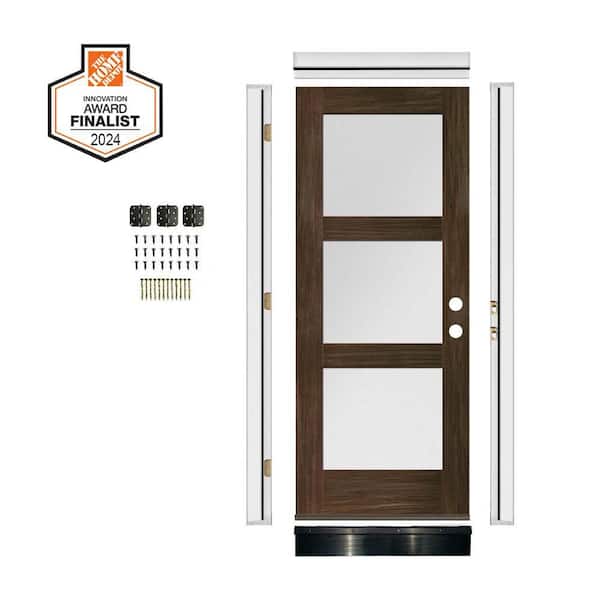 DIY RTA KIT 36in.x80in. Modern Left-Handed 3-Lite Frosted Glass Black Stain Hemlock Wood Ready To Assemble Front Door