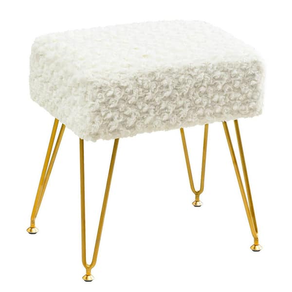 LUE BONA 18.5 in. White Rose Pattern Faux Fur Square Vanity Stool with Gold Base for Makeup Room
