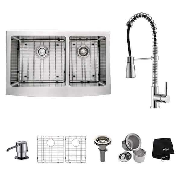 KRAUS All-in-One Farmhouse Apron Front Stainless Steel 33 in. Double Bowl Kitchen Sink with Chrome Faucet