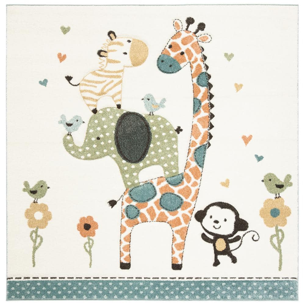 Ivory Animal Design Square Kids Area Rug, 4' x 4'
