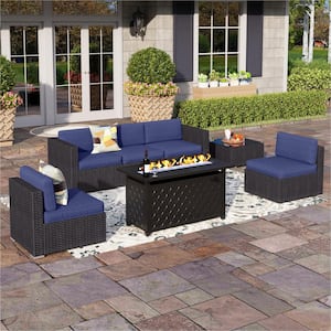 Dark Brown Rattan Wicker 5 Seat 7-Piece Steel Outdoor Fire Pit Patio Set with Blue Cushions and Rectangular Fire Pit