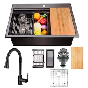 All-in-One Matte Black Finished Stainless Steel 25 in. x 22 in. Single Bowl Drop-in Kitchen Sink with Pull-down Faucet