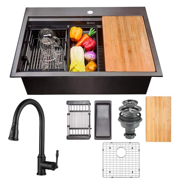 AKDY All-in-One Matte Black Finished Stainless Steel 25 in. x 22 in. Single Bowl Drop-in Kitchen Sink with Pull-down Faucet