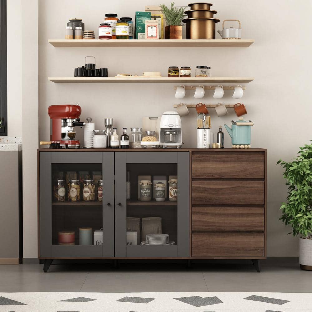 FUFU&GAGA Brown Wood 63 in. W Kitchen Sideboard Pantry with