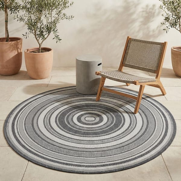 Recife Gazebo Stripe 8 ft. Round Ivory-Silver Indoor/Outdoor Area Rug
