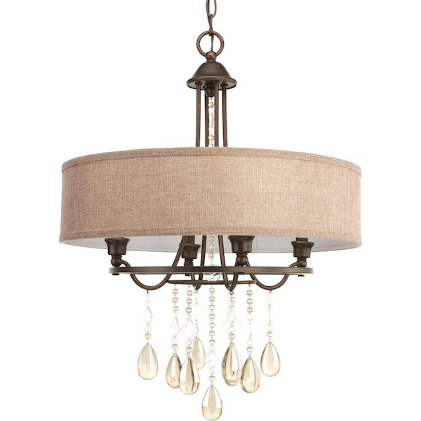 Progress Lighting Flourish Collection 20.25 in. 4-Light Cognac Bronze Chandelier with Linen Shade