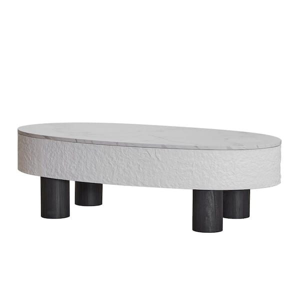 Mid Century 47 in. White Oval Wood Coffee Table with Faux Marble Tabletop, Hidden Drawer and Storage Space