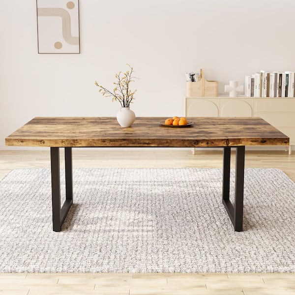 1-Piece Modern Rectangular Vintage Brown 63 in. MDF Top  Black Double Base Legs Dining Table（seats 4-6)