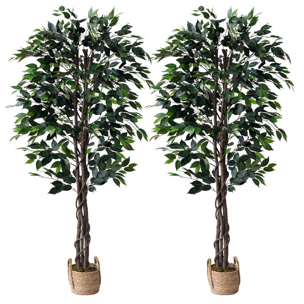 70in. Variegated Ficus Artificial Tree in Handmade Black and White Natural  Jute and Cotton Planter UV Resistant (Indoor/Outdoor)