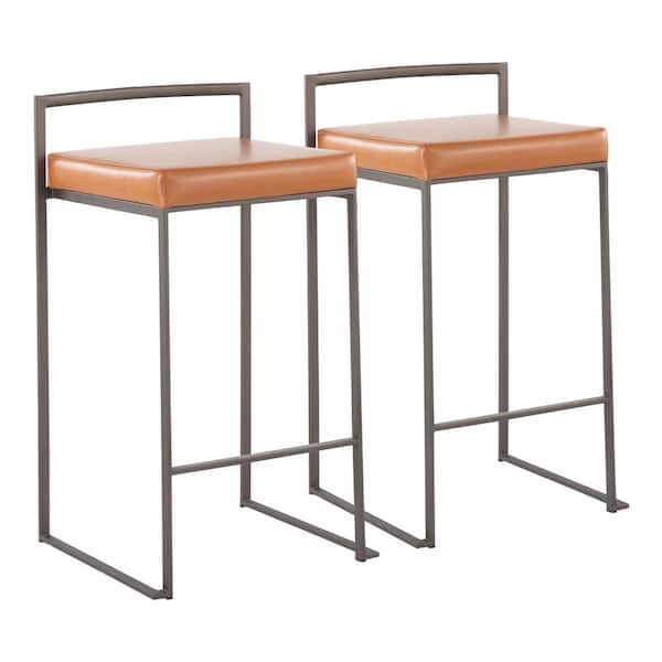 Lumisource Fuji 31 in. Camel Faux Leather and Antique Metal Counter Height Bar Stool (Set of 2)