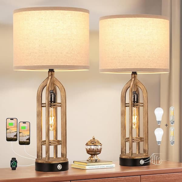 24.7 in. Gold Contemporary Rechargeable LED Farmhouse Table with  Fabric Shade and USB Port