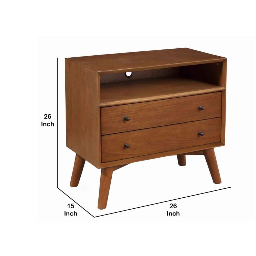 Brown Solid Wood 2-Drawer Nightstand with Open Compartment