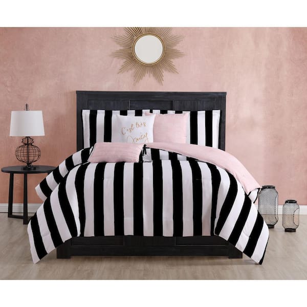 Cabana Stripe 5-Piece Black/White Striped Microfiber Twin/Twin XL Comforter Set