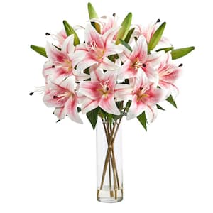 25 in. Pink Artificial Lily Floral Arrangement with Cylinder Glass Vase