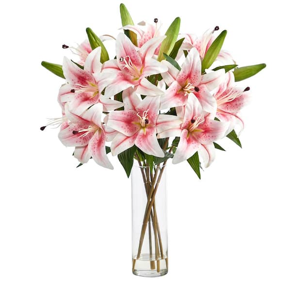 Nearly Natural 25 in. Pink Artificial Lily Floral Arrangement with ...