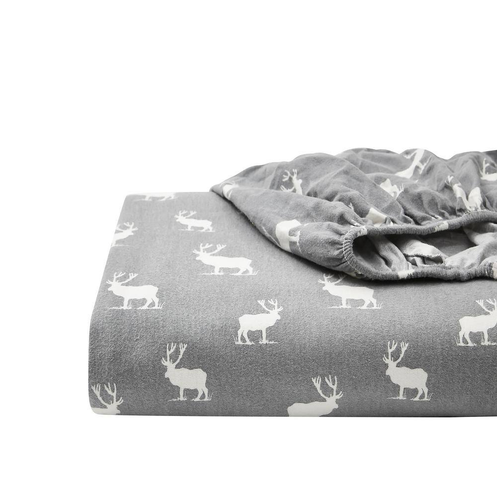 Gray Elk Grove Cotton Flannel Full Sheet Set with Deer Pattern