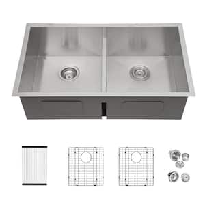 16-Gauge Stainless Steel 28 in. Low Divide Double Bowl 50/50 Ledge Workstation Undermount Kitchen Sink