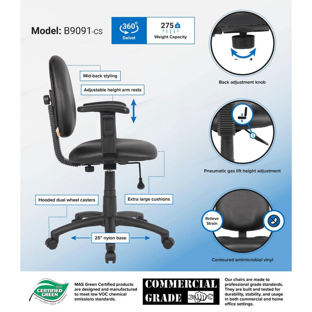 Black Ergonomic Vinyl Task Chair with Adjustable Arms