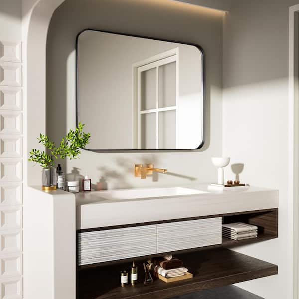 HOMEIBRO 28 in. W x 36 in. H Tempered Glass Rectangular Framed Wall-Mounted Bathroom Vanity Mirror in Black