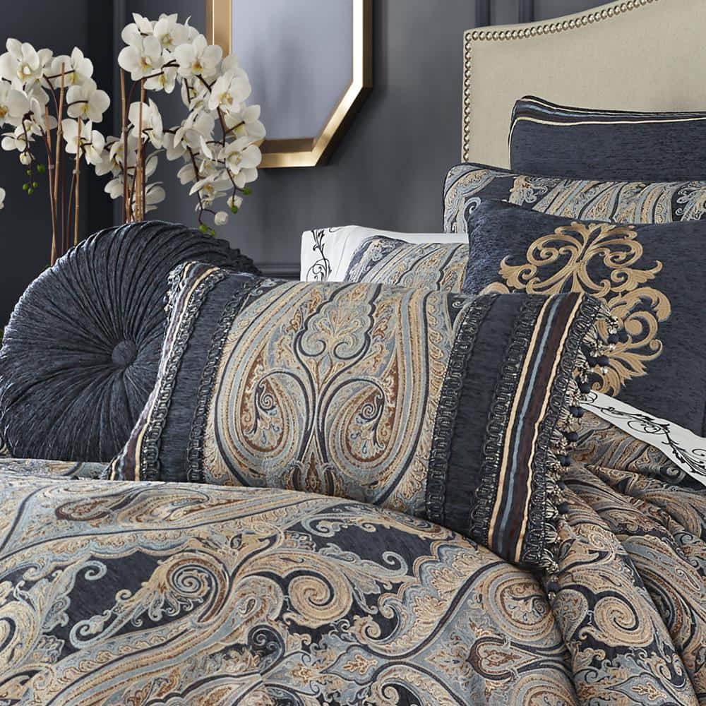 Indigo and Gold Jacquard Rectangular Throw Pillow