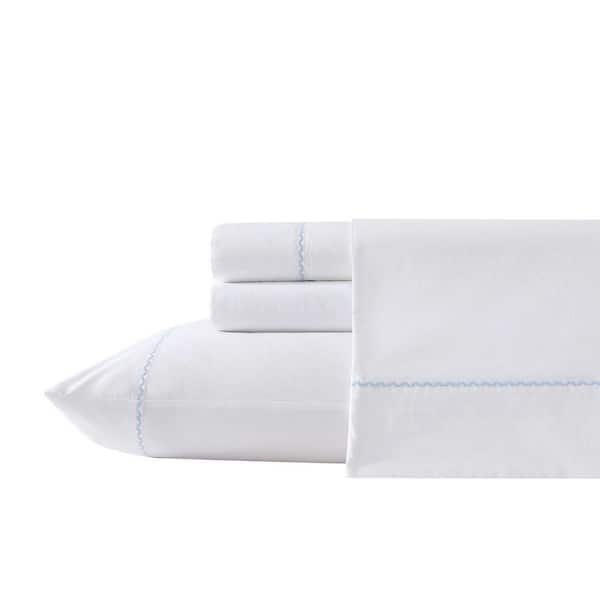 Laura Ashley Scallop Embroidered 3-Piece Blue Cashmere T-200 Percale 100% Cotton Twin Sheet Set
