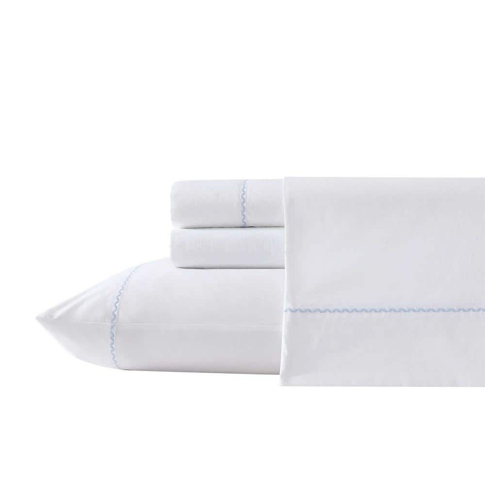 Laura Ashley Scallop Embroidered 4-Piece Blue Cashmere T-200 Percale 100% Cotton Queen Sheet Set