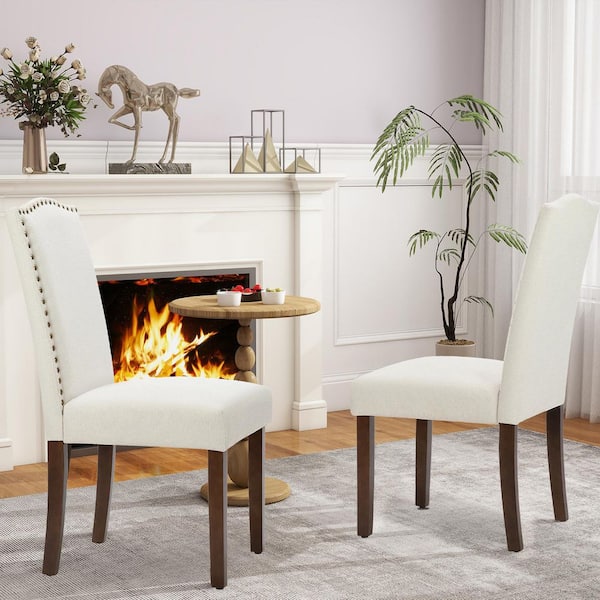 WONDER COMFORT Beige Fabric Dining Chair Set of 2, Upholstered Side Chairs with Nailhead Trim and Wood Legs for Dining Room