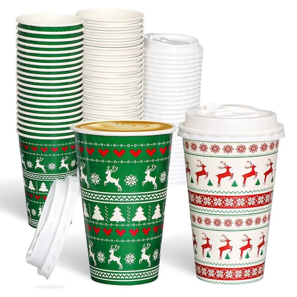 16 oz. Red Green Xmas Party Lightweight Paper Coffee Cups, Disposable Coffee Cups with Lids for Hot Cocoa (Set of 50)