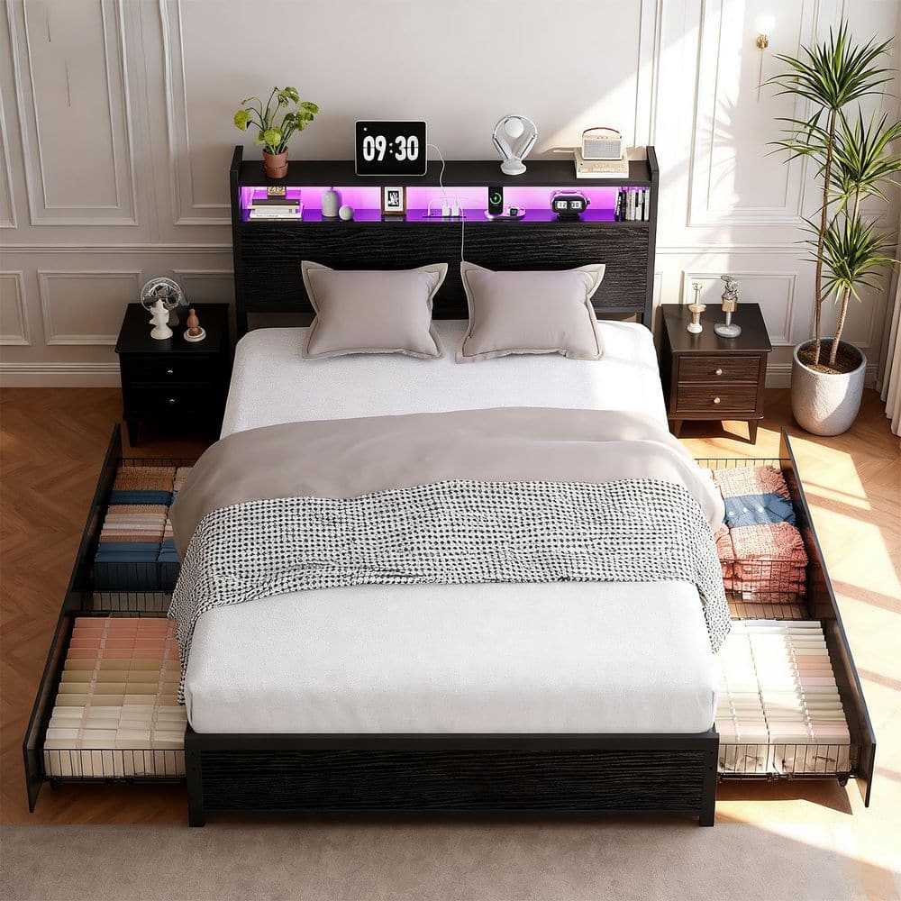 Black Metal Frame Full Platform Bed with 4 Storage Drawers, Built in Charging Station and LED Light