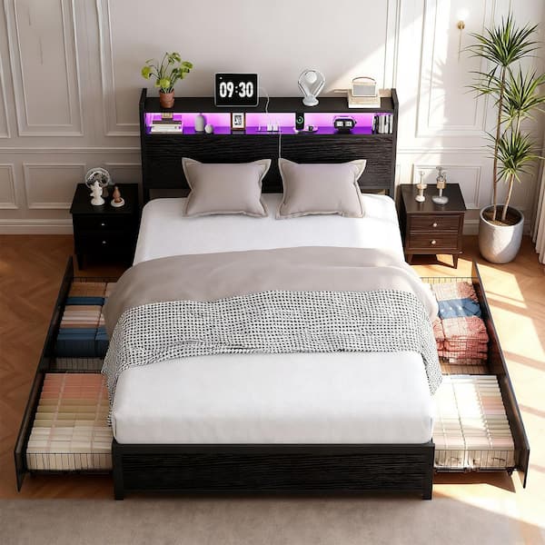 Black Metal Frame Queen Platform Bed with 4 Storage Drawers, Built in Charging Station and LED Light