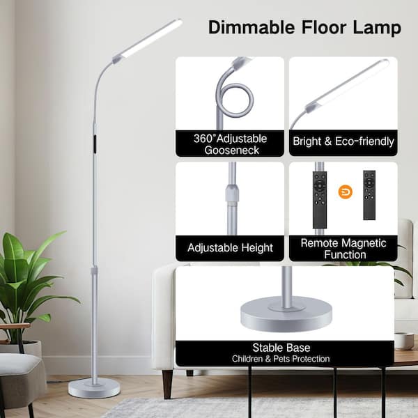 73 in. Silver Gray Standard Dimmable LED Floor Lamp with Remote Control 4-Color Temperature Bright Reading Light