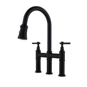 Double Handle 3 Holes Bridge Kitchen Faucet 1.8 GPM 8.66 in.Spout Reach with Pull-Down Sprayhead in Spot in Matte Black