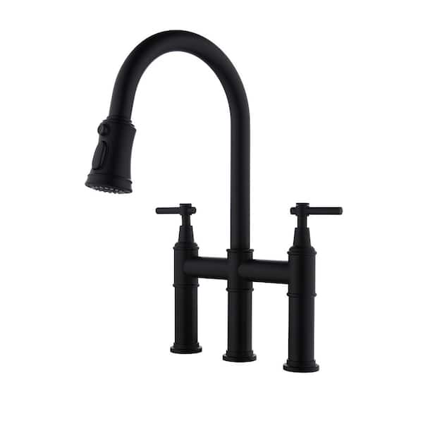 YONKI SUNSHIN INC Double Handle 3 Holes Bridge Kitchen Faucet 1.8 GPM 8.66 in.Spout Reach with Pull-Down Sprayhead in Spot in Matte Black