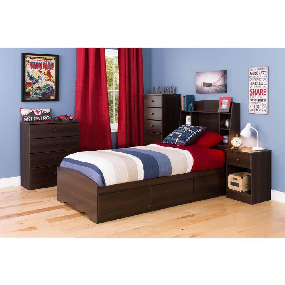 Espresso Twin Wood Bookcase Headboard with Storage
