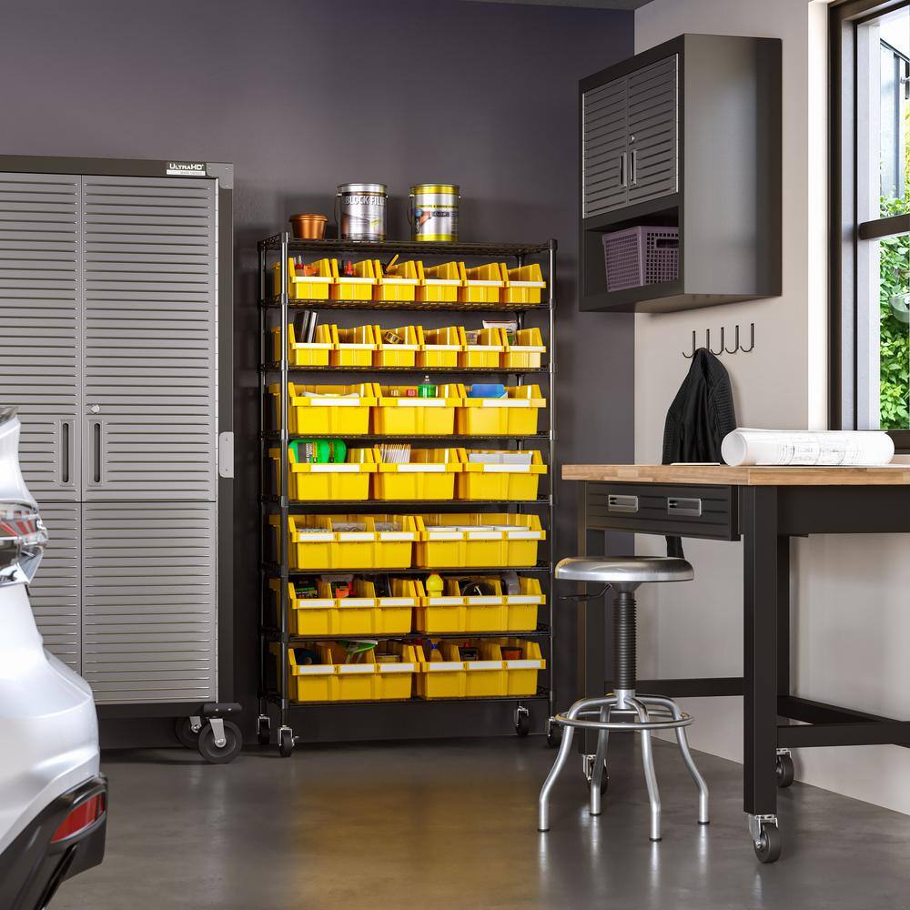 63.5" Black Steel 8-Tier Storage Rack with Yellow Bins
