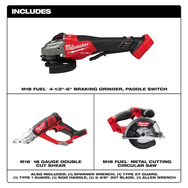 M18 FUEL 18-Volt Lithium-Ion Brushless Cordless 4-1/2 in. /6 in. Grinder, 18-Gauge Metal Shear, & 5-3/8 in. Circ Saw