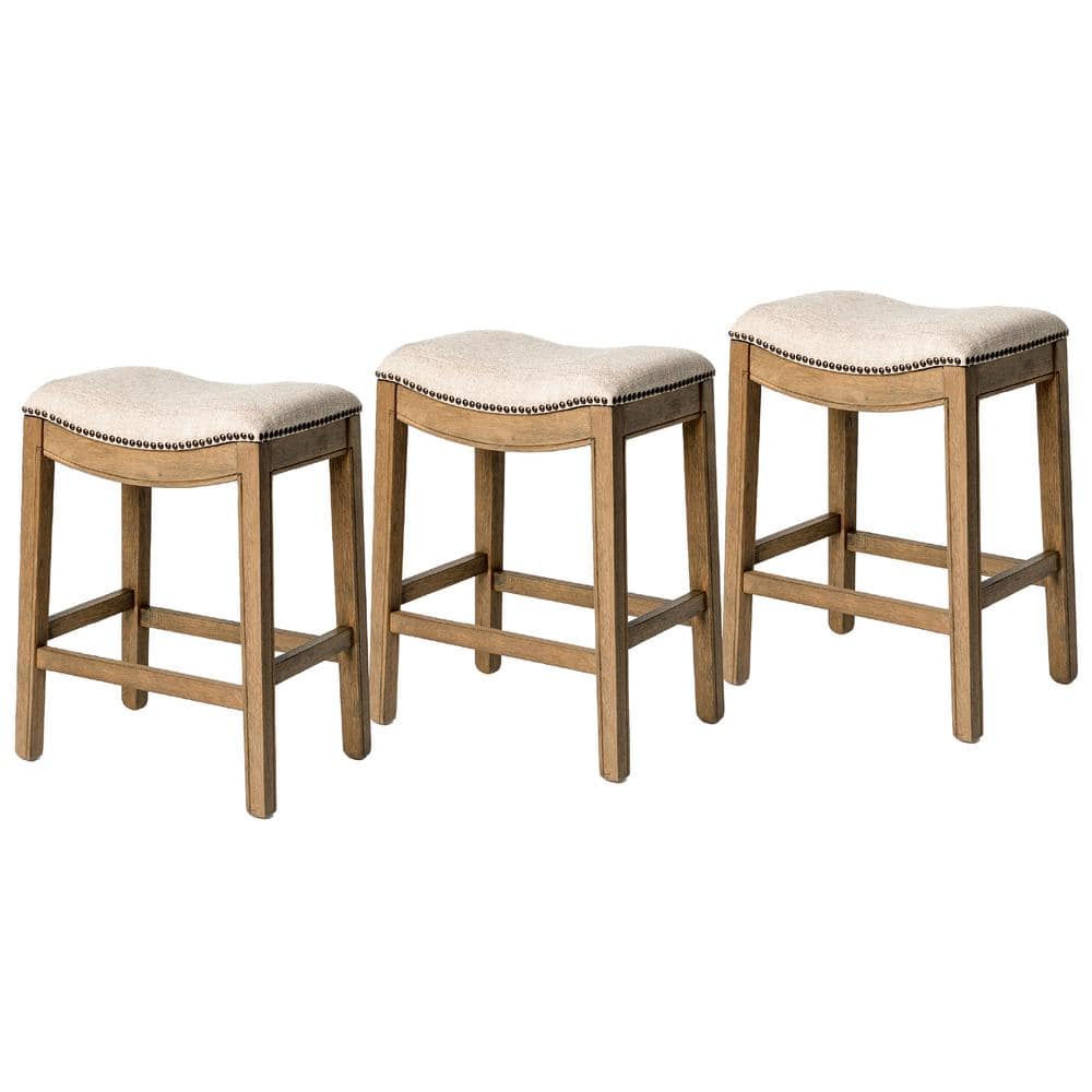 Natural Wood Backless Saddle Counter Stools, Set of 3