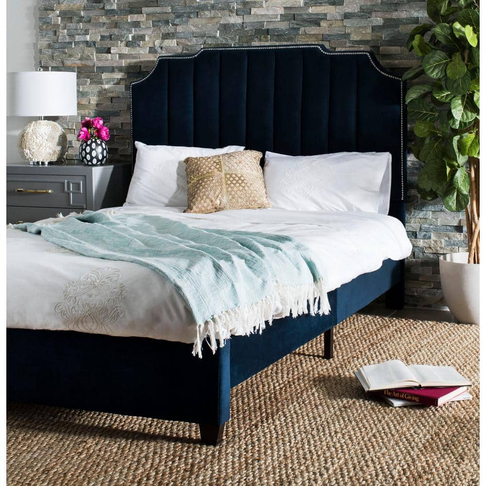 Elegant Navy Full-Size Velvet Upholstered Platform Bed with Nailhead Trim