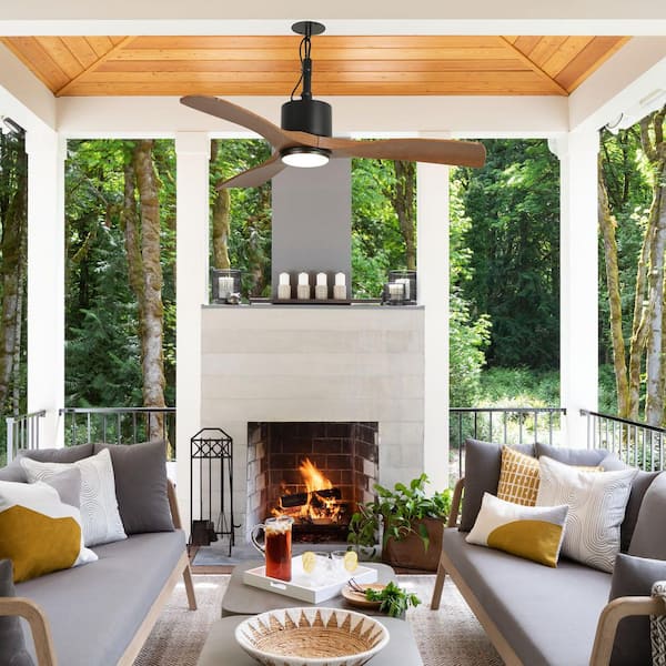 42 in. Outdoor Integrated LED Matte Black Ceiling Fan with Light, Remote Control and Wood Grain Blades