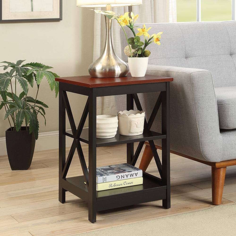 Cherry and Black Square Wood End Table with Shelves