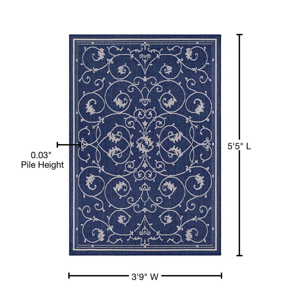 Elegant Ivory-Indigo Flatweave Synthetic Outdoor Rug, 3'9" x 5'5"
