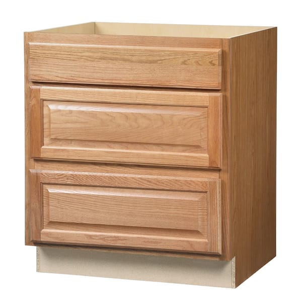 Hampton Bay Hampton 30 in. W x 24 in. D x 34.5 in. H Assembled Drawer Base Kitchen Cabinet in Medium Oak with Full Extension Glides