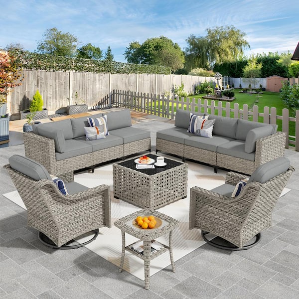 Supery Gray 10-Piece Wicker Patio Conversation Set with Dark Gray Cushions and Swivel Rocking Chairs