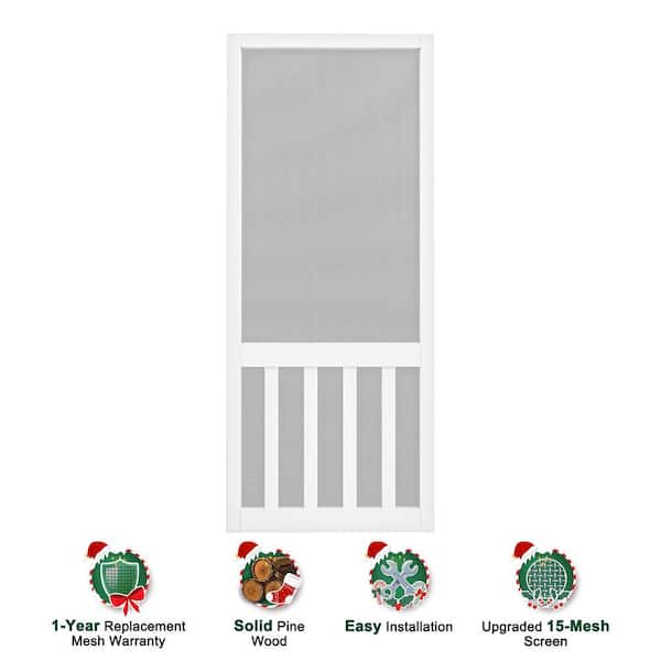 30 in. x 80 in. Universal Primed White Solid Pine Wood Vertical Slat Screen Door Classic 5-Bar Gauze Mesh Hinged Door